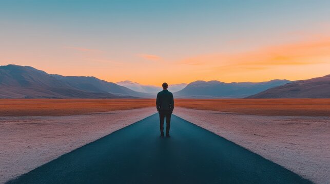 A solitary figure standing on an empty road at sunset, surrounded by vast landscapes and mountains, evoking feelings of freedom.