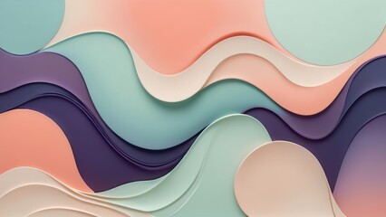 Abstract pastel wave design with layered curves in peach, teal, and purple tones.