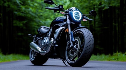 Obraz premium A sleek motorcycle parked on a forest road, showcasing design and power.