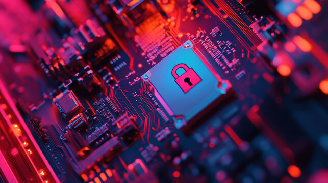 close up view of computer circuit board featuring padlock symbol, representing cybersecurity and data protection. vibrant colors create modern and tech savvy atmosphere