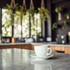 Fototapeta premium White coffee cup on a marble counter with a green plant backdrop