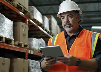 A warehouse worker in a safety vest and hardhat uses a tablet to check inventory.