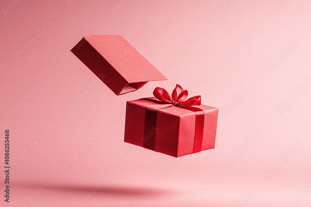 Poster a red gift box with a red bow is floating in the air with the lid open.