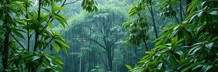 Obraz premium rainy forest scene with lush green leafs, green leafs, tropical plants, forest