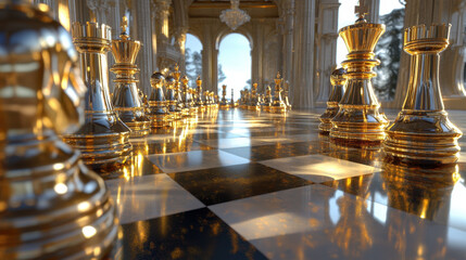 Fototapeta premium full chess game displayed in beautiful, clean golden setting, showcasing intricate details and reflections on polished surface. atmosphere is elegant and captivating