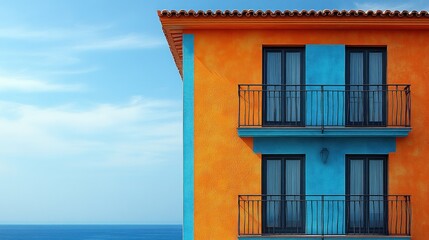 Colorful seaside building with balconies overlooking the ocean.