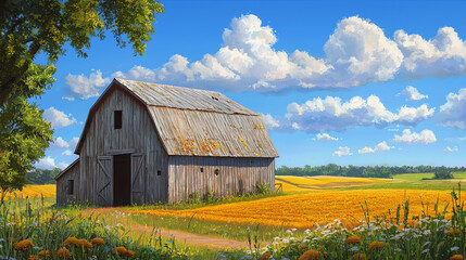 Old barn with a slightly drooping roof surrounded by golden fields and bright blue skies on a sunny day in rural countryside