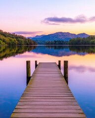 Fototapeta premium A tranquil wooden dock extends into a calm lake, reflecting the vibrant colors of dawn, surrounded by lush green hills and distant mountains under a soft, pastel sky.
