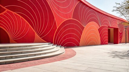 Red abstract background with geometric shapes and organic curves in a mix of bright and muted tones, mixed tones, unique color palette, artistic style, red abstract background, abstract designs