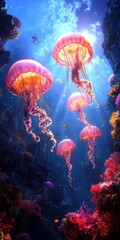 Naklejka premium Explore a vibrant underwater scene where luminous jellyfish glide gracefully among colorful corals, illuminating the depths of the ocean with their ethereal beauty and tranquil movements.