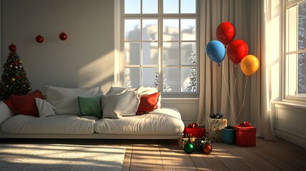 Christmas living room with presents and balloons