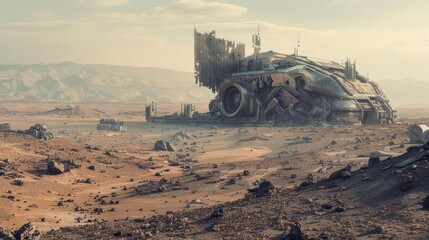 Fototapeta premium Illustrate a post-apocalyptic arena where human survivors interact with advanced AI constructs amidst the rubble of a once-great civilization Experiment with unexpected camera angl