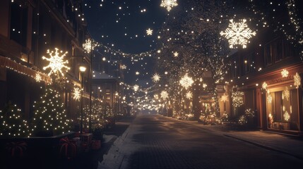 Fototapeta premium Snowflakes Falling on a Holiday Street Scene