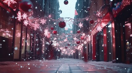 Obraz premium Snowflakes Gently Falling on a Holiday Street
