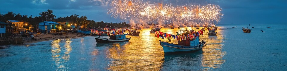 Obraz premium Scenic Coastal Evening Celebration with Fireworks Over Boats on Calm Ocean Waters Near Beachfront Village Amidst Serene Sky and Glowing Reflections