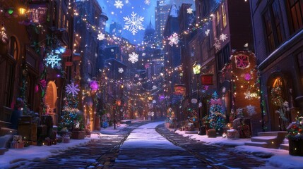 Obraz premium Snowflakes Gently Falling on a Holiday Street