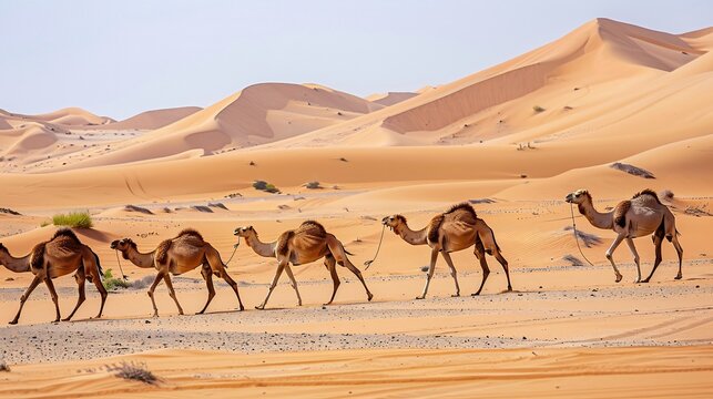 Camels trekking across desert their humpbacked forms and long strides showcasing their endurance and adaptability to harsh conditions