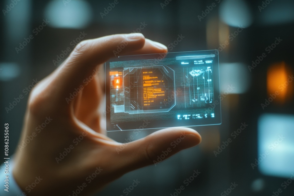 Leinwandbilder A person holds a micro biochip that shows detailed health metrics on a glowing holographic screen in a high-tech environment. Generative AI