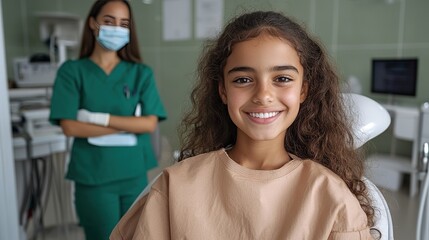 Obraz premium A young girl is sitting in a chair in a dentist's office