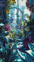 Obraz premium Illustrate a vibrant botanical garden with towering