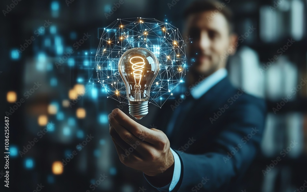 Poster closeup of a businessman with a question mark icon floating in front of him