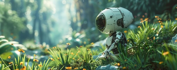 Illustrate robotic gardening in a surreal landscape using a mix of traditional watercolor techniques and digital enhancements Experiment with unexpected camera angles to create a d
