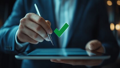 Closeup of a businessman marking a checklist on a tablet