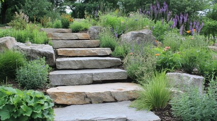 Obraz premium Stone Steps Leading Up a Hillside Surrounded by Flowers