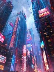 Obraz premium Illustrate the fusion of traditional journalism and high-tech advancements in a cyberpunk urban setting