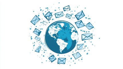 Global Communication Concept with Earth Surrounded by Email Icons Representing Digital Interaction and Connection Across Continents in a Modern World