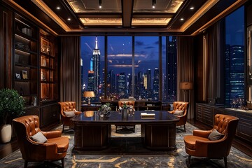 Elegant Night Office with City Skyline View