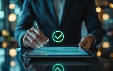 Focused businessman using a tablet to do an online survey