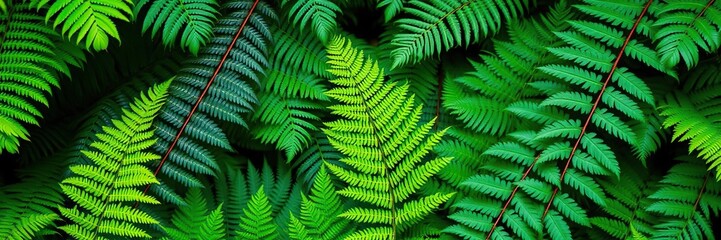 Tropical fern leaves in a vibrant jungle, overgrown plant life, tropical flora, verdant landscape