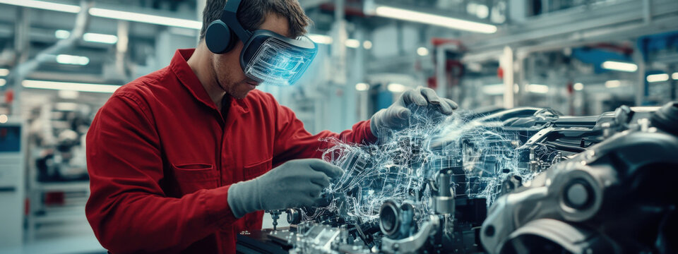 male worker wearing AR headset is focused on complex engine, showcasing advanced technology in modern industrial setting. scene reflects innovation and precision