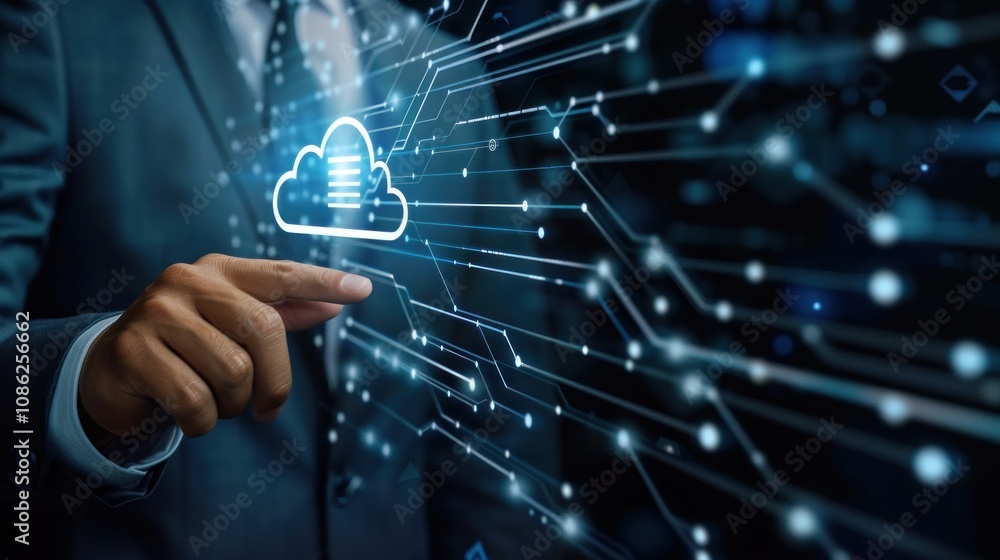 Poster businessman touching cloud computing icon network for internet storage network, ai generated image