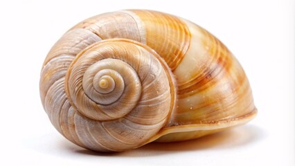 A small beige snail shell with a smooth spiral texture centered on a white background. 