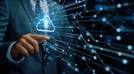 Businessman touching cloud computing icon network for internet storage network, AI generated image