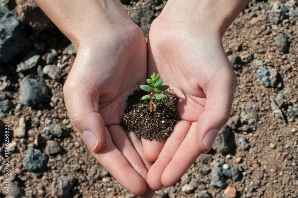 Poster Hands cradling a small seedling with soil, symbolizing care for nature and commitment to planting trees on a sunny day. Generative AI