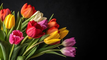 Naklejka premium Vibrant tulips in a bouquet with shades of red, yellow, orange and pink against a dark black background, fresh cut flowers, vibrant colors, blooming flowers, colourful flowers, tulip bouquet