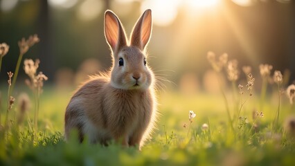 Brown rabbit enjoying a sunny meadow, surrounded by fresh grass and warm light.