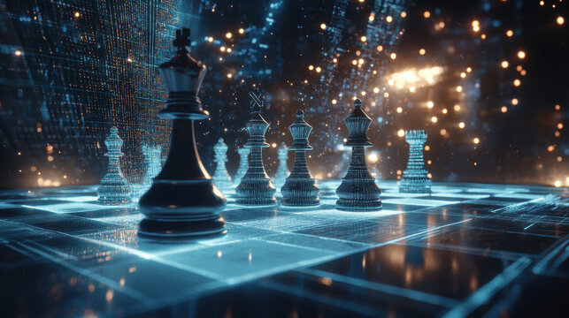 sophisticated 3D chess board floating in space, featuring illuminated pieces and digital backdrop, creates captivating and futuristic atmosphere