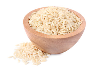 Raw rice in bowl isolated on white