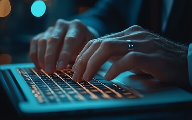 Closeup of businessman using a laptop for online survey