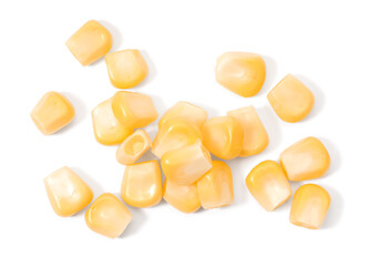 Pile of fresh corn kernels on white background, top view