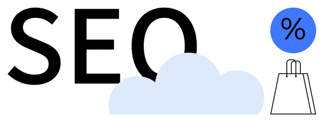 SEO text with a cloud, a blue percentage sign, and a shopping bag. Ideal for digital marketing, online shopping, e-commerce, search engine optimization, business strategy, web development