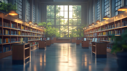 3D Illustration of a Library Interior with Sunlight Streaming Through Large Windows