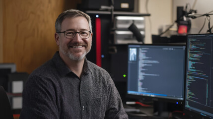 man is sitting in front of computer, smiling and looking engaged in his work. environment suggests tech focused setting with multiple screens displaying code