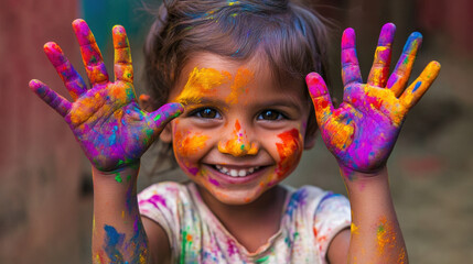 Joyful child with colorful hands and face, expressing happiness and creativity through vibrant colors. This captures essence of childhood playfulness and artistic expression