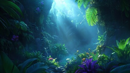 Fototapeta premium Lush Tropical Rainforest with Dense Green Foliage