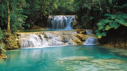 Serene Waterfalls Cascading into Crystal Clear Pools Amidst Lush Greenery
